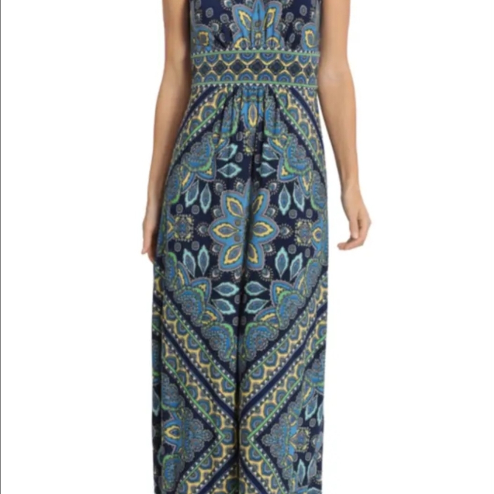 London Times Blue and Green Medallion Halter Maxi Dress